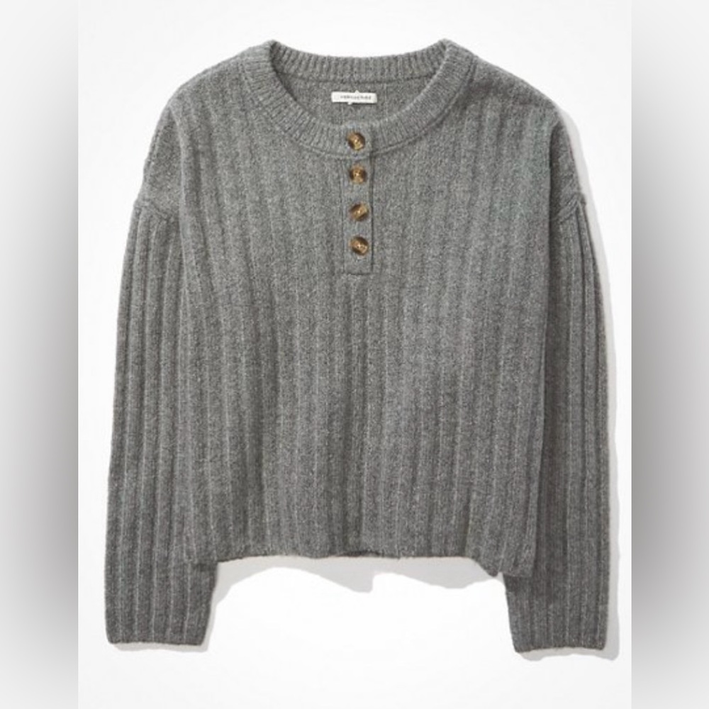 Women’s Gray American Eagle AE Ribbed Henley Sweater, Large,  NWOT- Never Worn